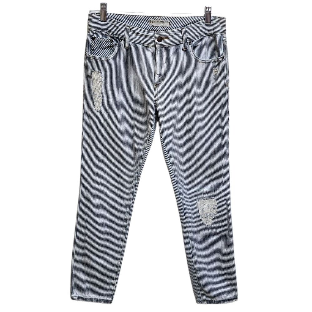 Free People Jeans Womens Size 27 Blue Cotton Striped Distressed Tapered Grunge